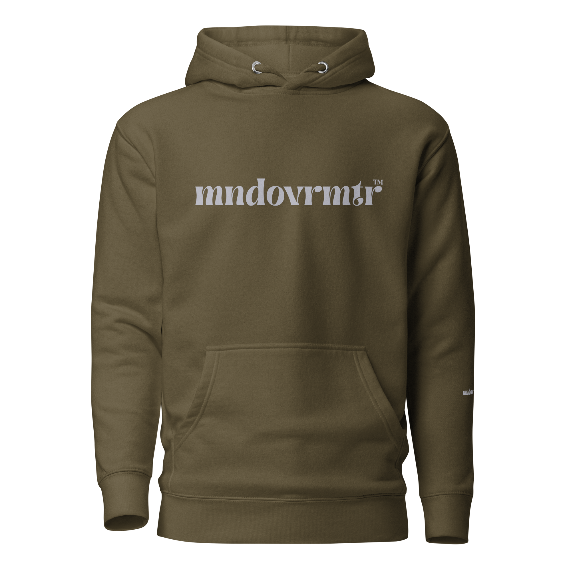 Military Green , oversized, fleece, cotton, with front pocket hoodie and a gray mndovrmtr text across the chest