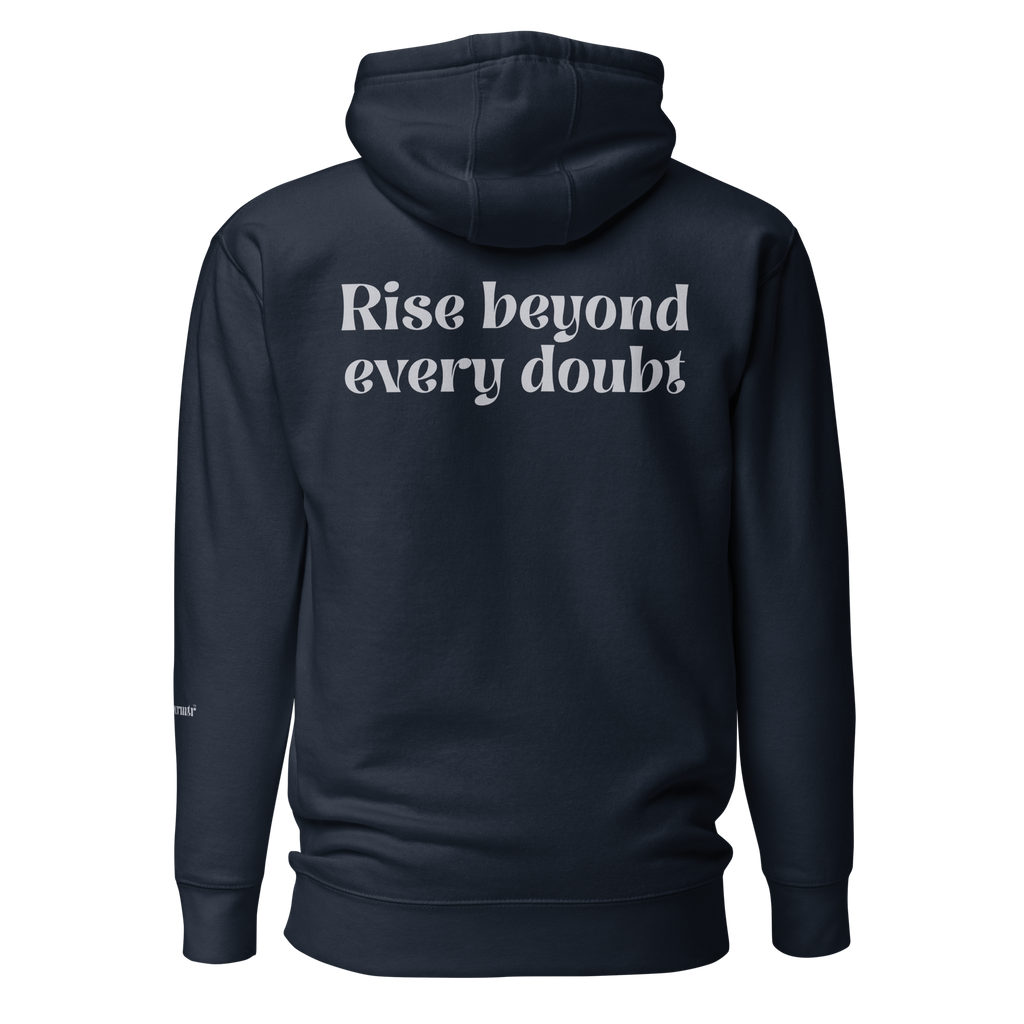 Navy , oversized, fleece, cotton, with front pocket hoodie and a gray Rise beyond every doubt text across the back