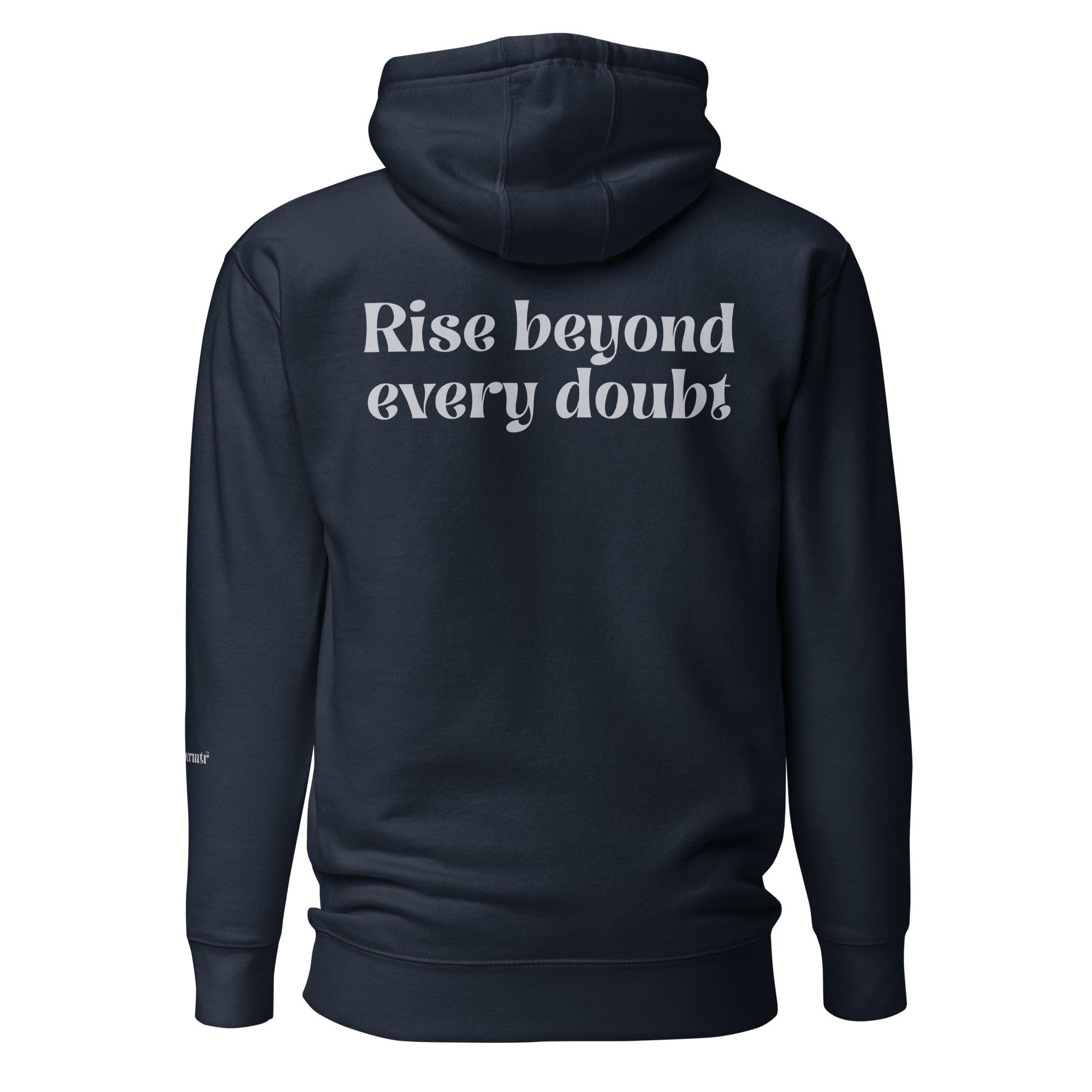 Navy , oversized, fleece, cotton, with front pocket hoodie and a gray Rise beyond every doubt text across the back