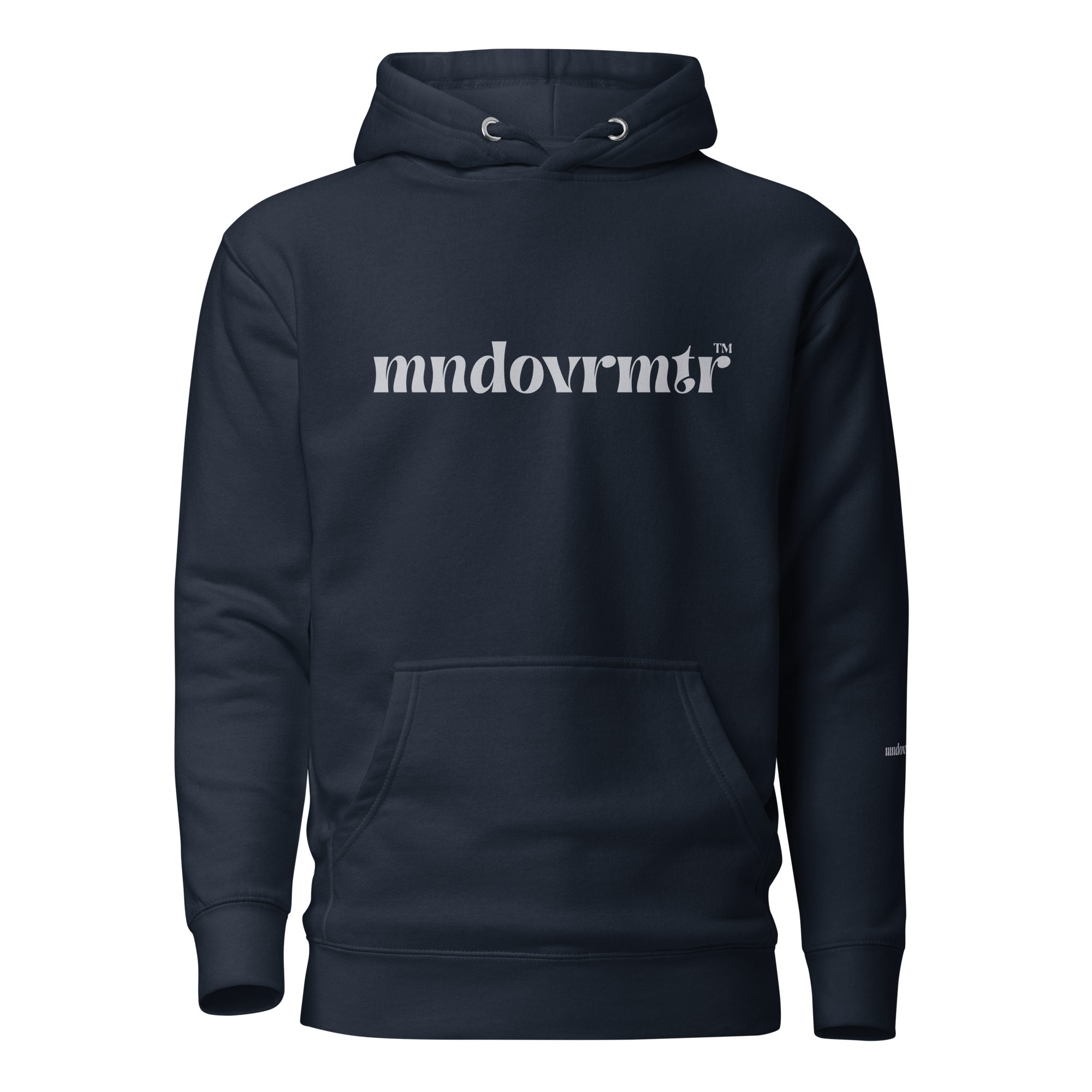Navy , oversized, fleece, cotton, with front pocket hoodie and a gray mndovrmtr text across the chest