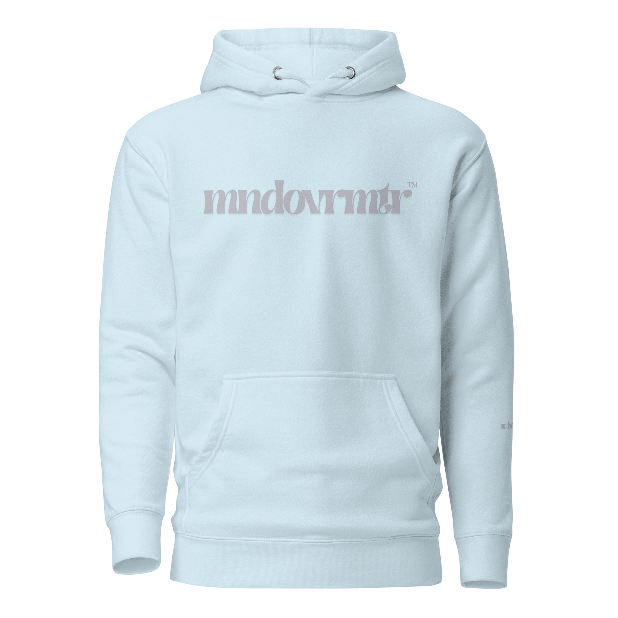 Light Blue, oversized, fleece, cotton, with front pocket hoodie and a gray mndovrmtr text across the chest