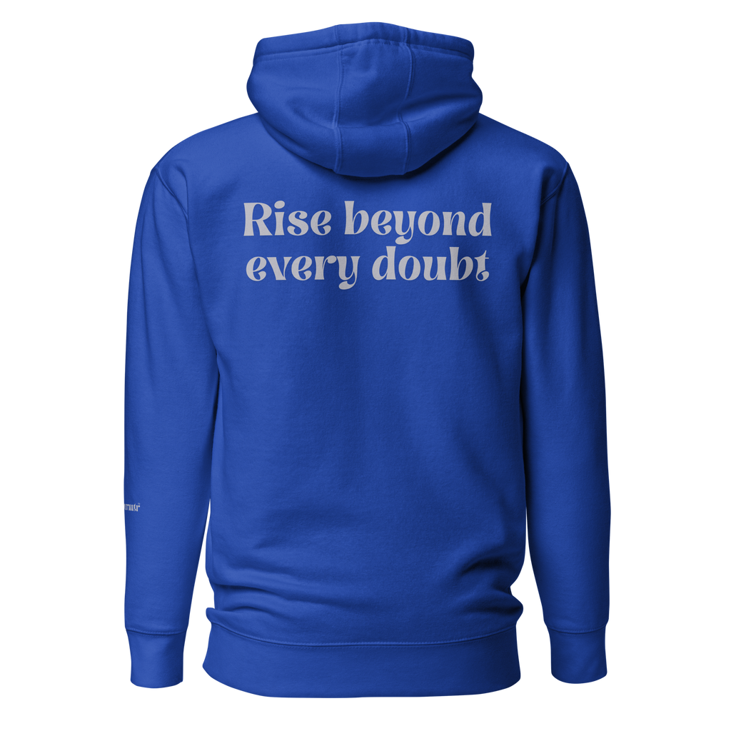 Royal Blue, oversized, fleece, cotton, with front pocket hoodie and a gray Rise beyond every doubt text across the back