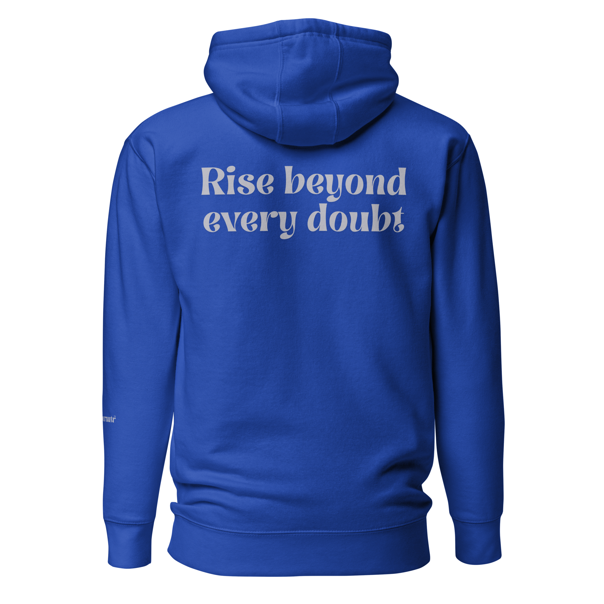 Royal Blue, oversized, fleece, cotton, with front pocket hoodie and a gray Rise beyond every doubt text across the back