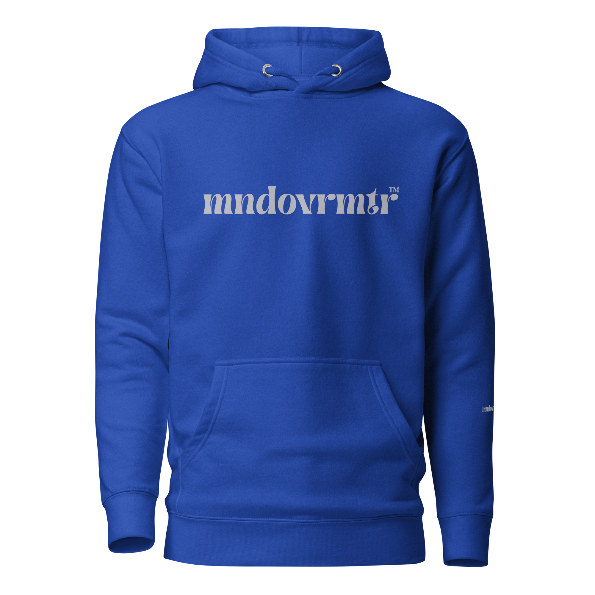 Royal Blue, oversized, fleece, cotton, with front pocket hoodie and a gray mndovrmtr text across the chest