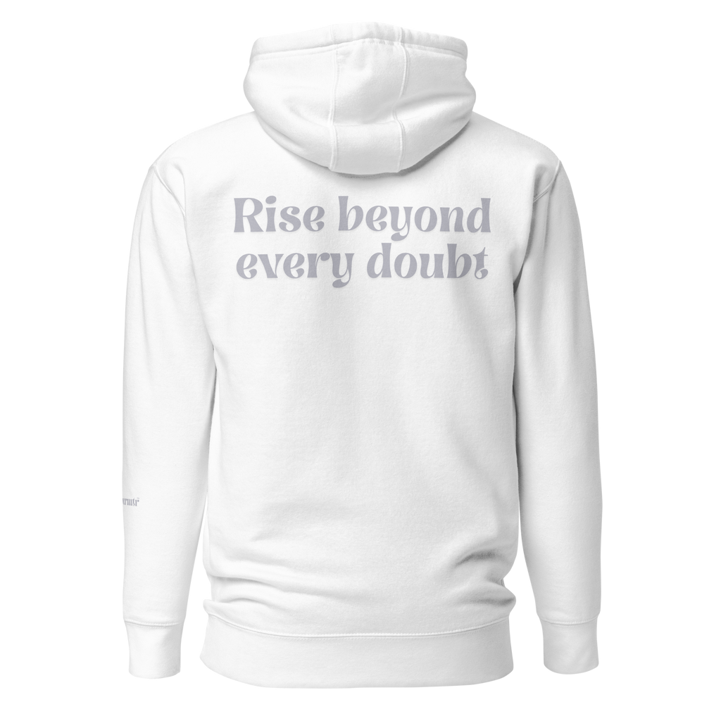 White, oversized, fleece, cotton, with front pocket hoodie and a gray Rise beyond every doubt text across the back