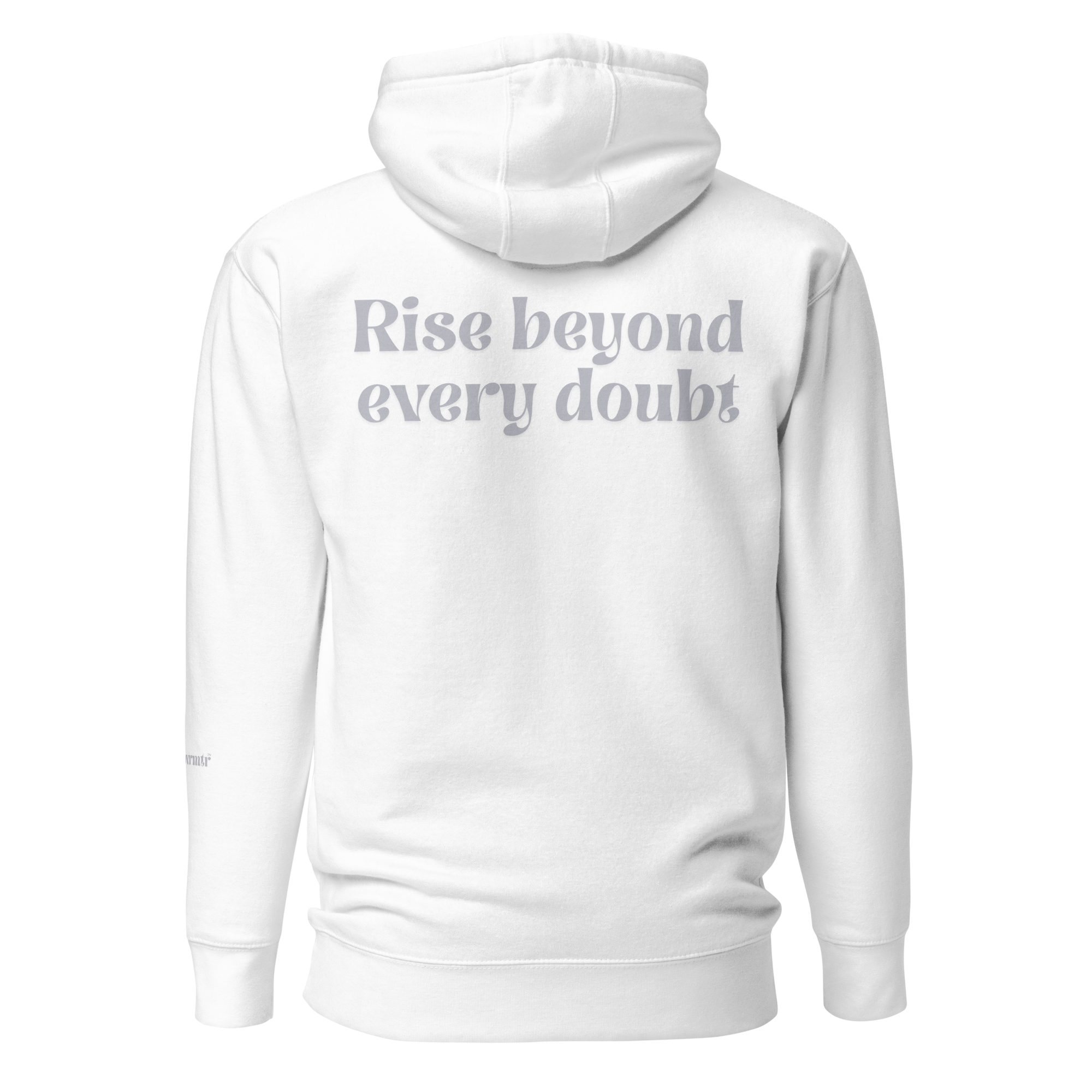 White, oversized, fleece, cotton, with front pocket hoodie and a gray Rise beyond every doubt text across the back
