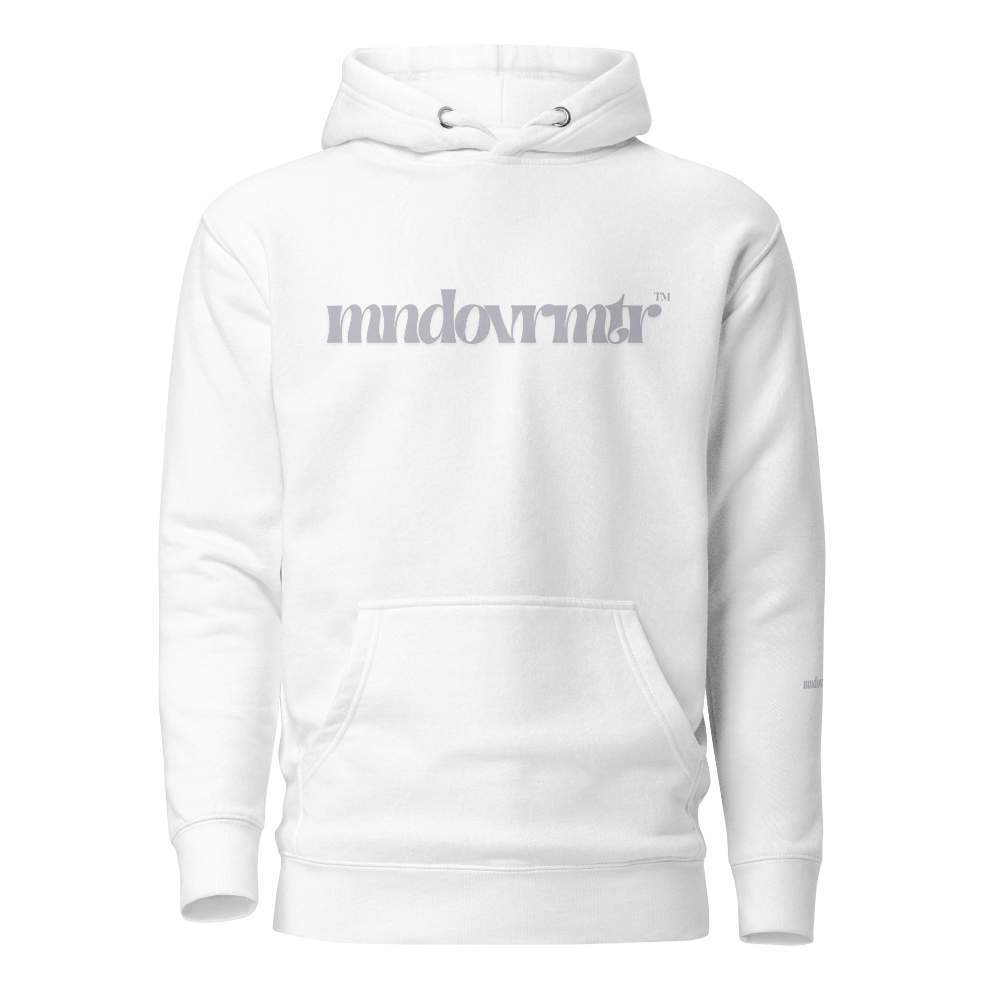 White, oversized, fleece, cotton, with front pocket hoodie and a gray mndovrmtr text across the chest