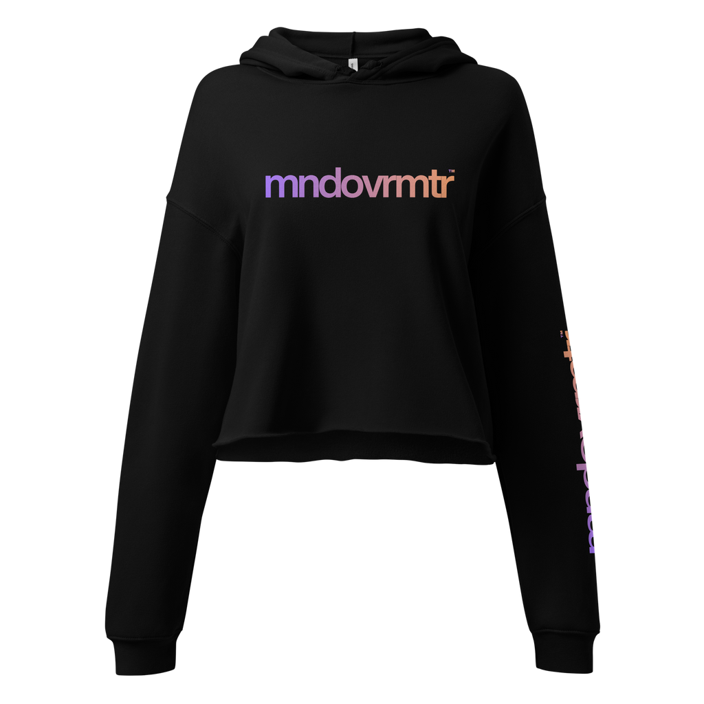 MNDOVRMTR™ women's black crop hoodie - gradient print, raw-hem streetwear pullover