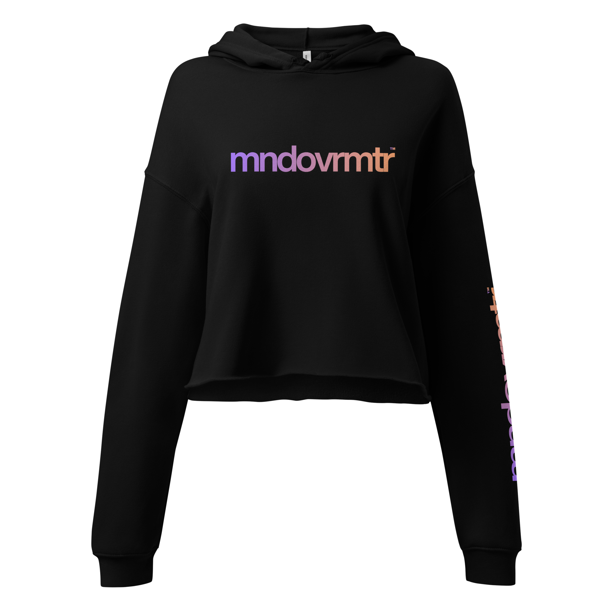MNDOVRMTR™ women's black crop hoodie - gradient print, raw-hem streetwear pullover